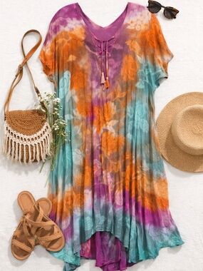 Exist Boho Tie Dye Dress One Size Rayon Flowy Kaftan Tunic Festival Beach Cover